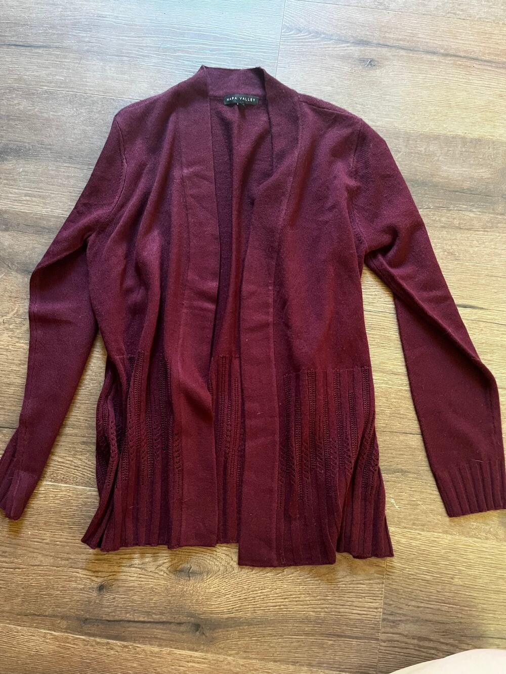 Napa Valley Burgundy Open Front Cardigan Size S Pointelle Knit Long Sleeve
